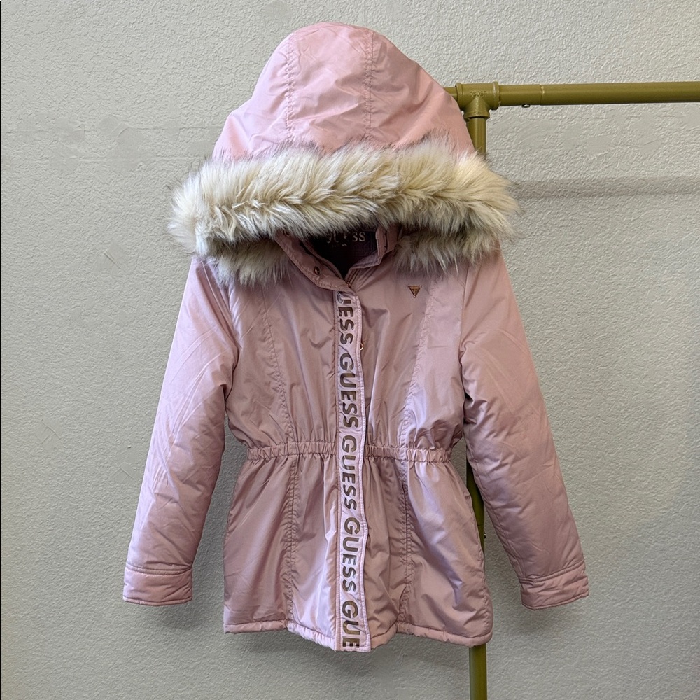 Guess Light Pink Hooded Jacket with Faux Fur